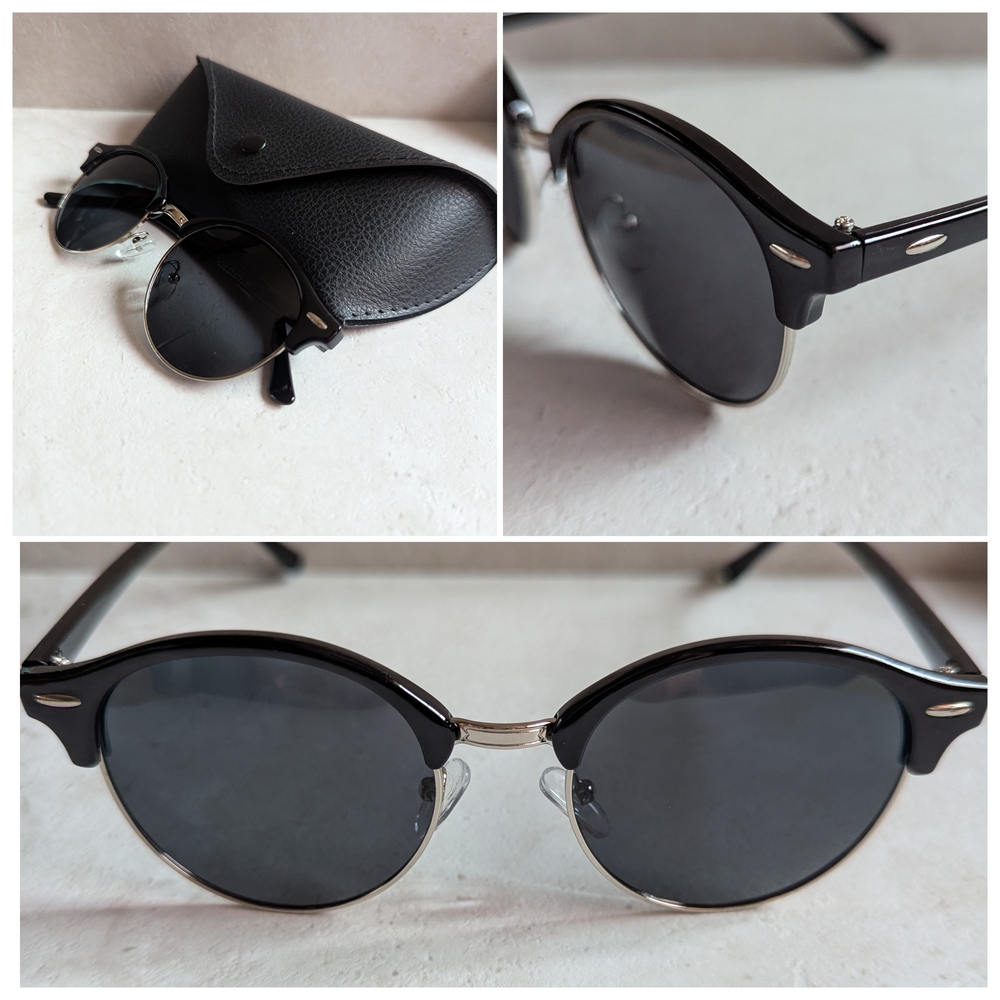 Classic Round Black and Silver Unisex Sunglasses with Case